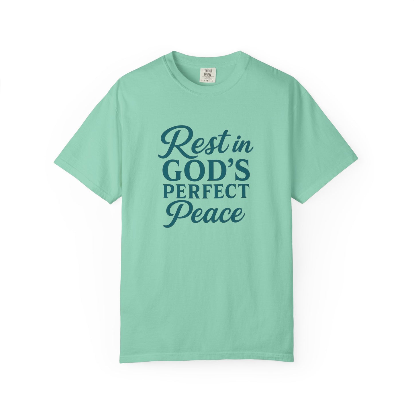 Mint green Christian t-shirt with Isaiah 26:3 – Rest in God’s Perfect Peace. Soft, faith-based apparel for Christian women.