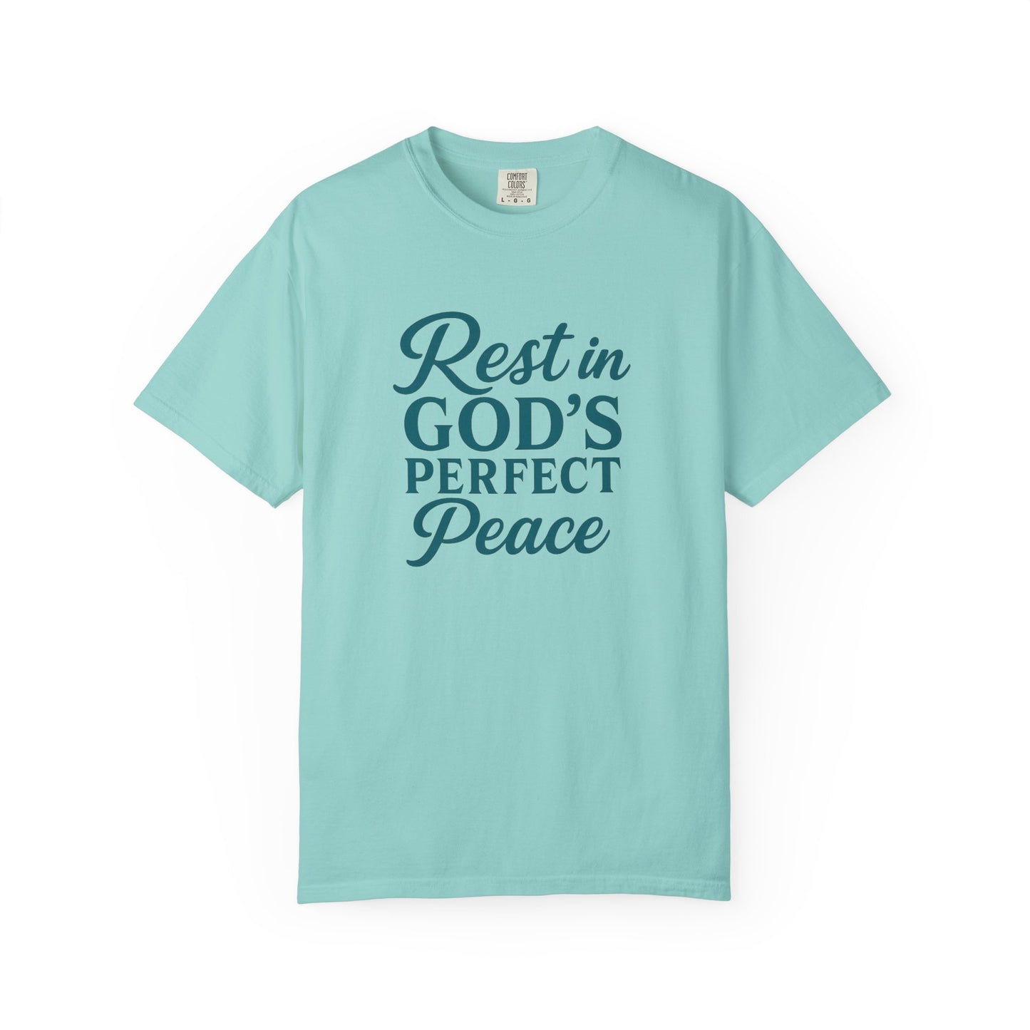 Mint green Christian t-shirt with Isaiah 26:3 – Rest in God’s Perfect Peace. Soft, faith-based apparel for Christian women.