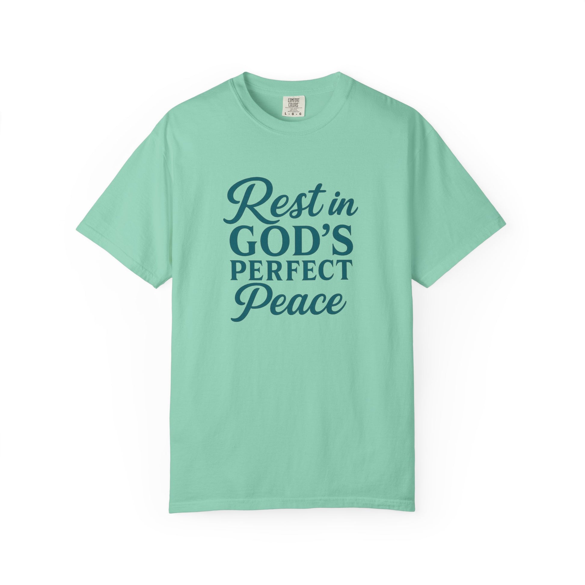 Mint green Christian t-shirt with Isaiah 26:3 – Rest in God’s Perfect Peace. Soft, faith-based apparel for Christian women.