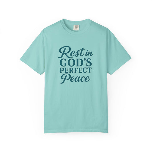 Mint green Christian t-shirt with Isaiah 26:3 – Rest in God’s Perfect Peace. Soft, faith-based apparel for Christian women.